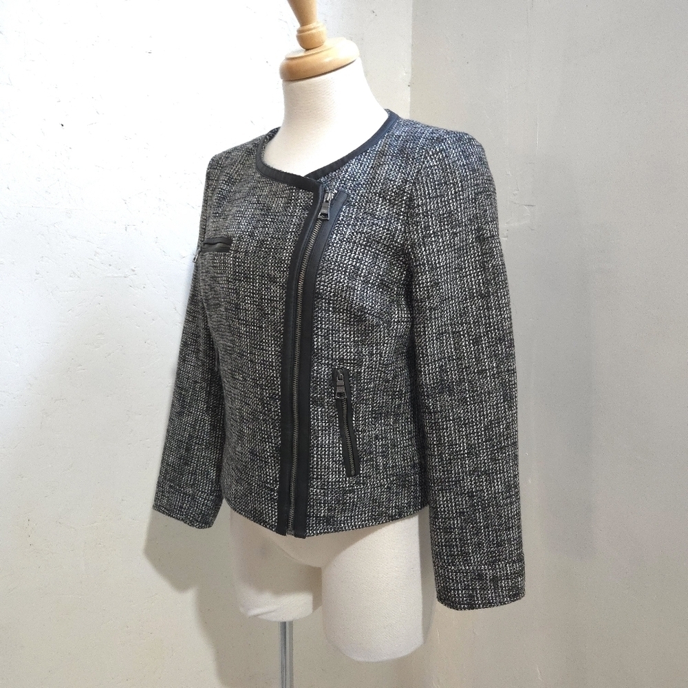 Banana Republic | Women's Black Tweed Jacket asymmetrical zipper & pleather trim